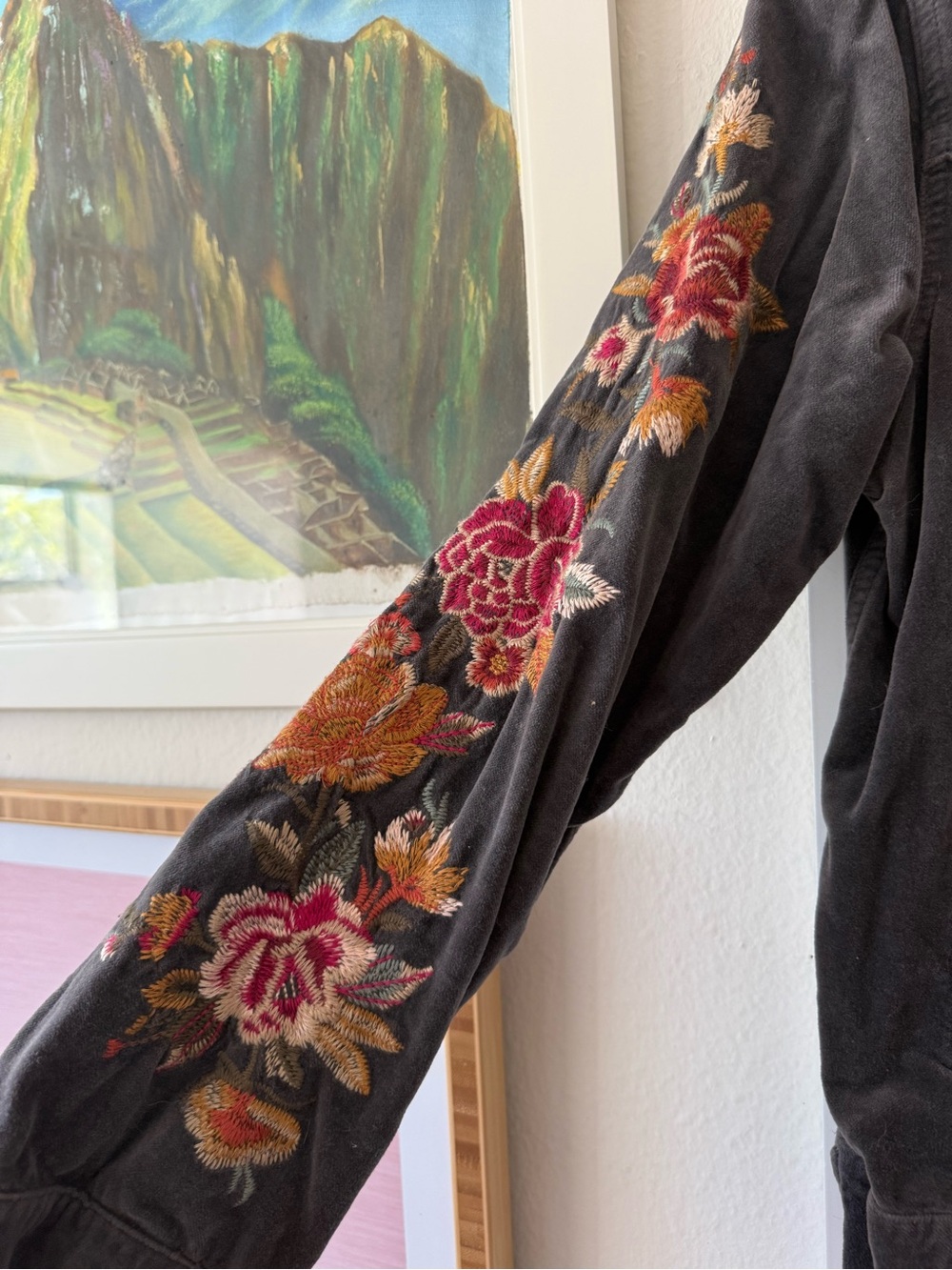 Johnny Was Charcoal Velvet Jacket with Floral Embroidered Sleeves - Picture 6 of 7